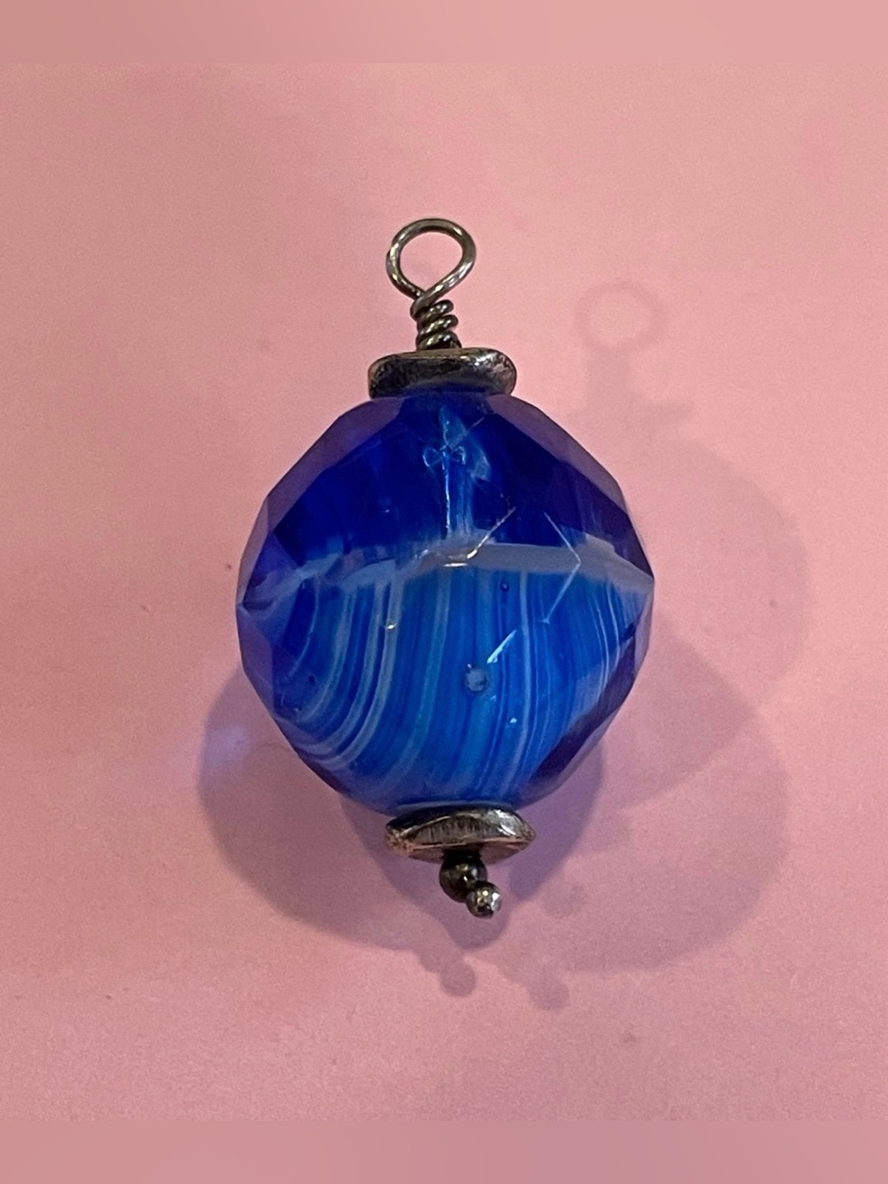 Sterling Silver Blue Art Glass Focal Bead Pendant #7791